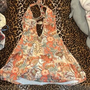 Floral Halter Babydoll Dress - Orange & Cream Print
